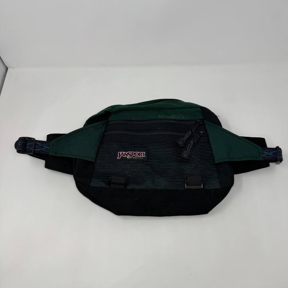 Vintage JanSport Y2K Fanny Pack Bag Green Black Nylon Zip Pockets Adjustable